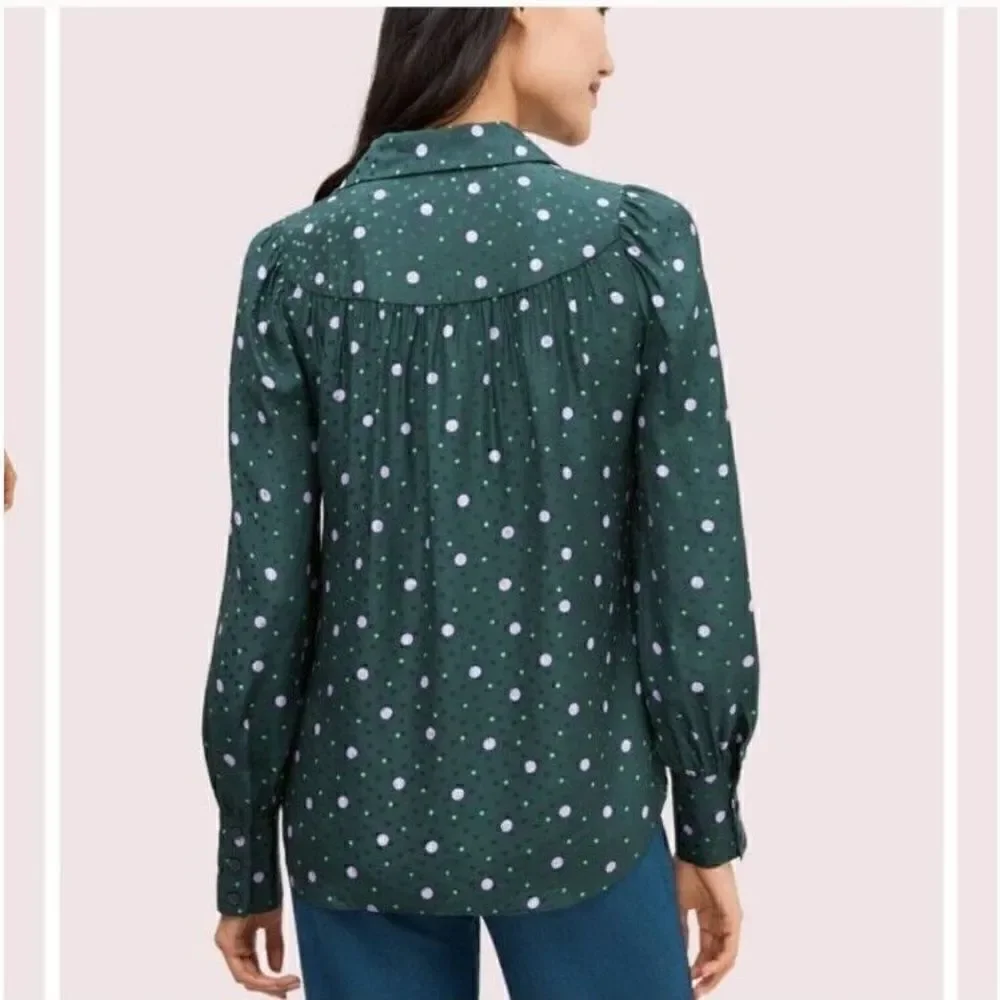 Kate Spade Pine Forest Green Pop Dots Blouse Size XS Silk Blend